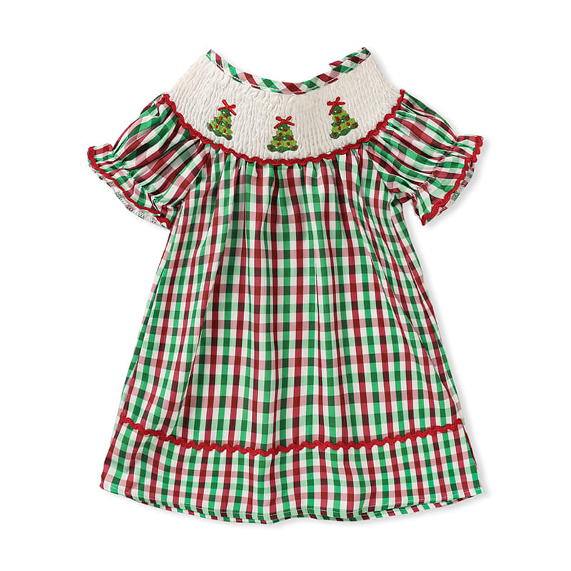 Toddler Infant Baby Girls Christmas Dress Short Sleeve Christmas Tree Embroidered Plaid Casual Party Dresses view 16