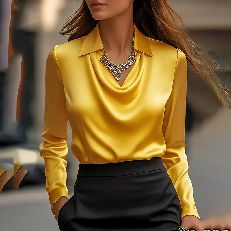 Women's Elegant Long Sleeve Blouse - Solid Color Lapel Top With Ruched Chest Detail Office & Casual Wear For Spring Fall view 14