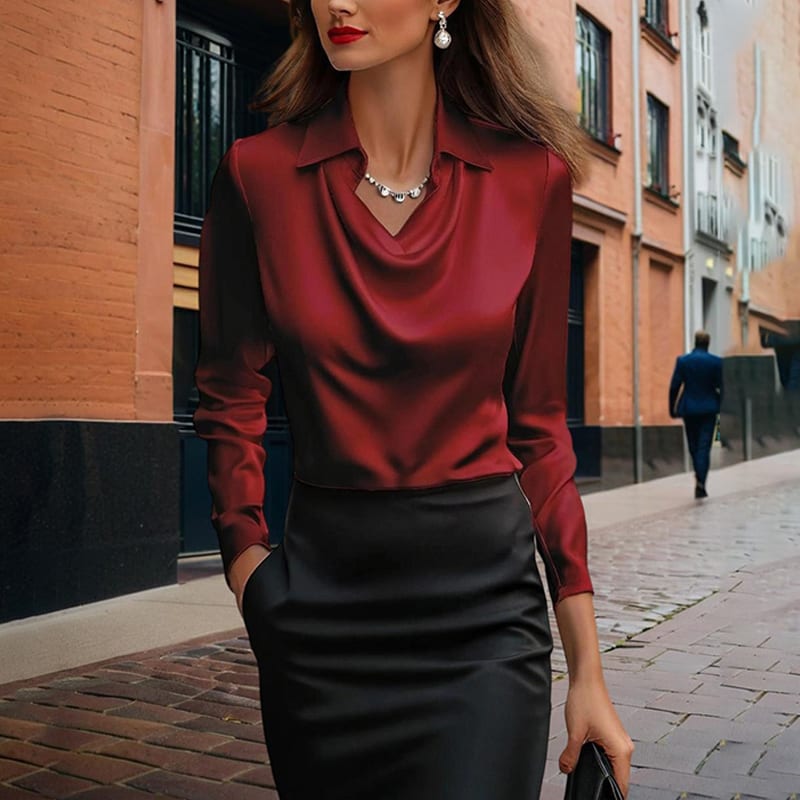 Women's Elegant Long Sleeve Blouse - Solid Color Lapel Top With Ruched Chest Detail Office & Casual Wear For Spring Fall view 8