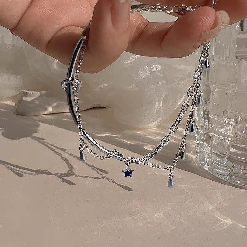 1pc 999 Sterling Silver Double-Layer Tassel Star Half-Bangle Bracelet, Trendy Style, Perfect For Daily Wear & Valentine's Gifts view 4