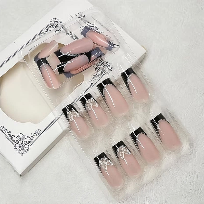 24 PCS Black P Ink Butterfly Nail Art, Long Length Long Water Pipe Fake Nails,Square Head Nail Tips False Nail view 2