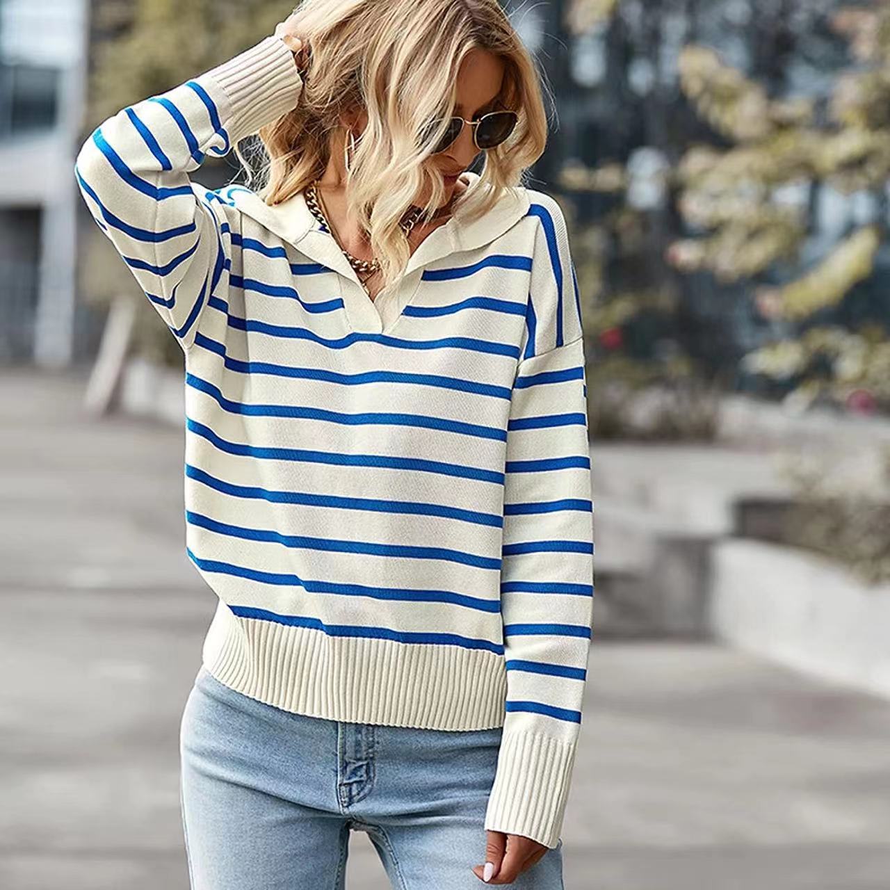 Casual V-neck Lapel Striped Sweater Fashion Long Sleeve Tops For Womens Clothing view 2