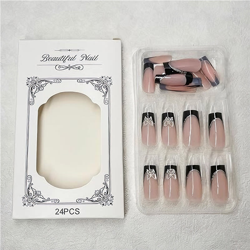 24 PCS Black P Ink Butterfly Nail Art, Long Length Long Water Pipe Fake Nails,Square Head Nail Tips False Nail view 6