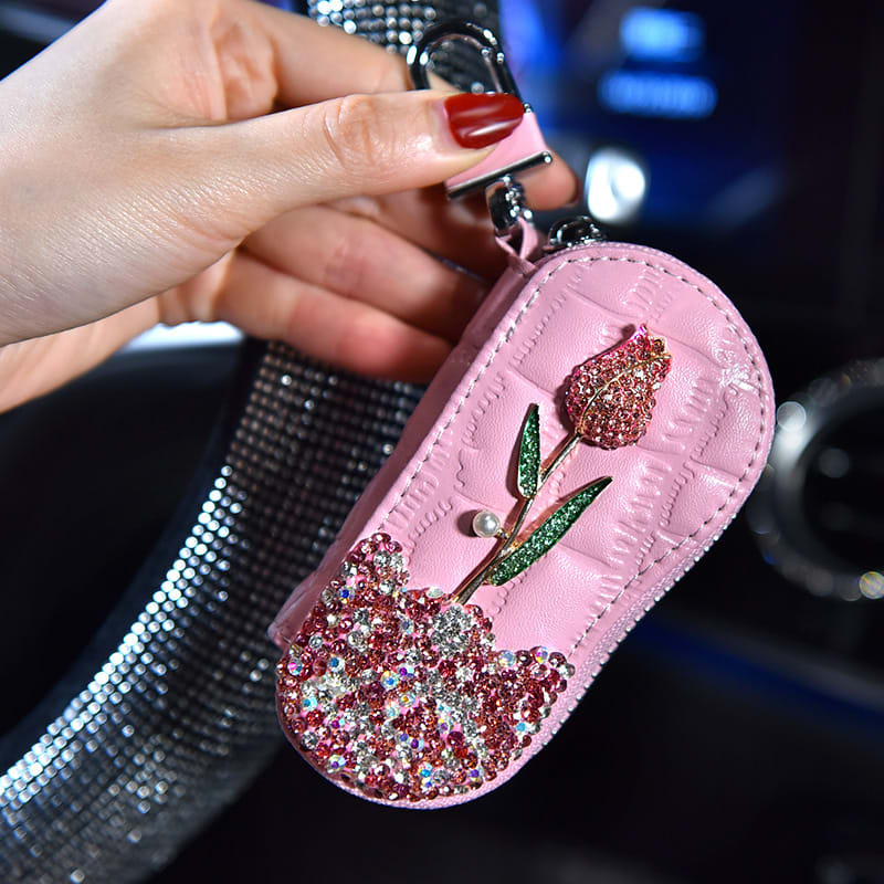 Car Key Case With Diamonds And Roses Cute Female Creative Personality Fashion Car Key Protection Cover view 5