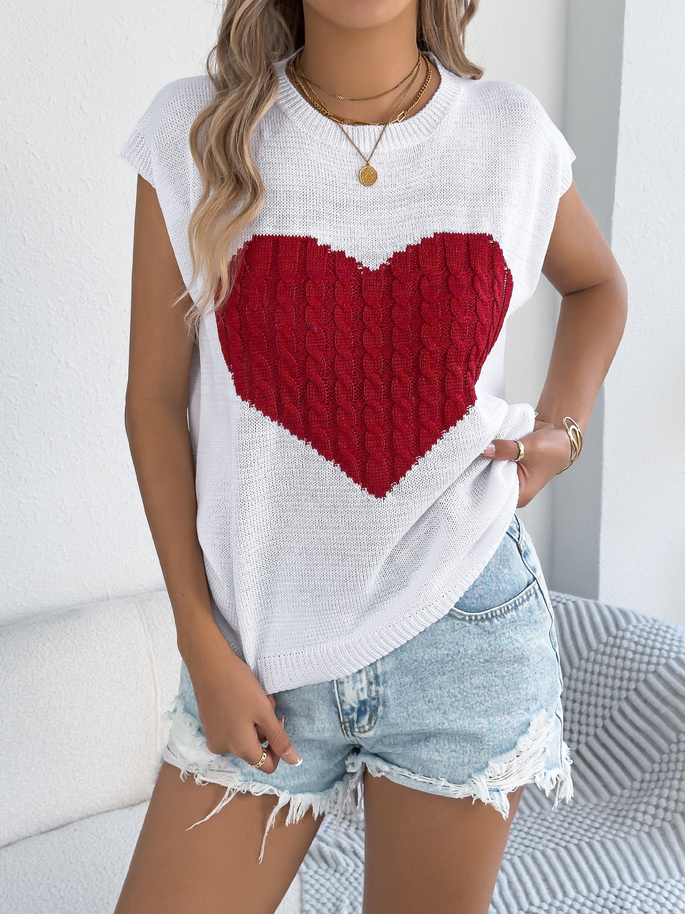 Women S Color Block Heart Loose Knit Valentine S Sweater Top view 11