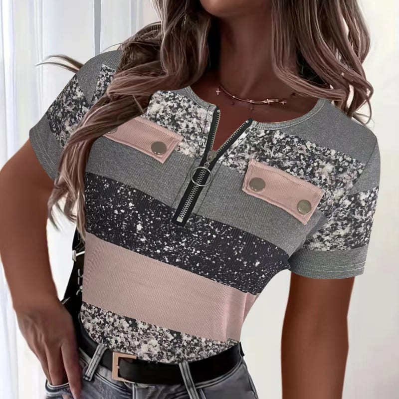 Women's Color Block Zipper T-Shirt, Casual Short Sleeve Summer Top view 23