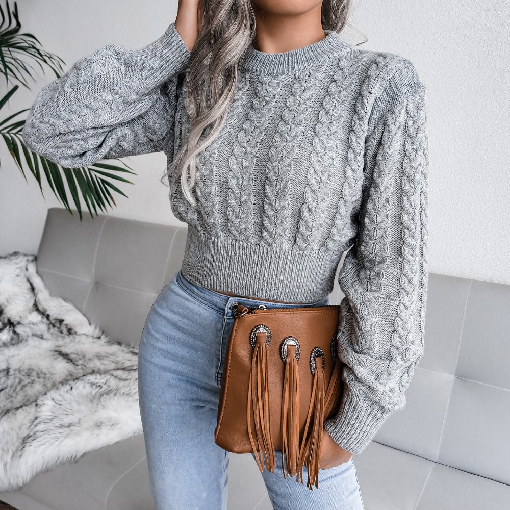 Cable Knit Waist Cinched Cropped Sweater view 12