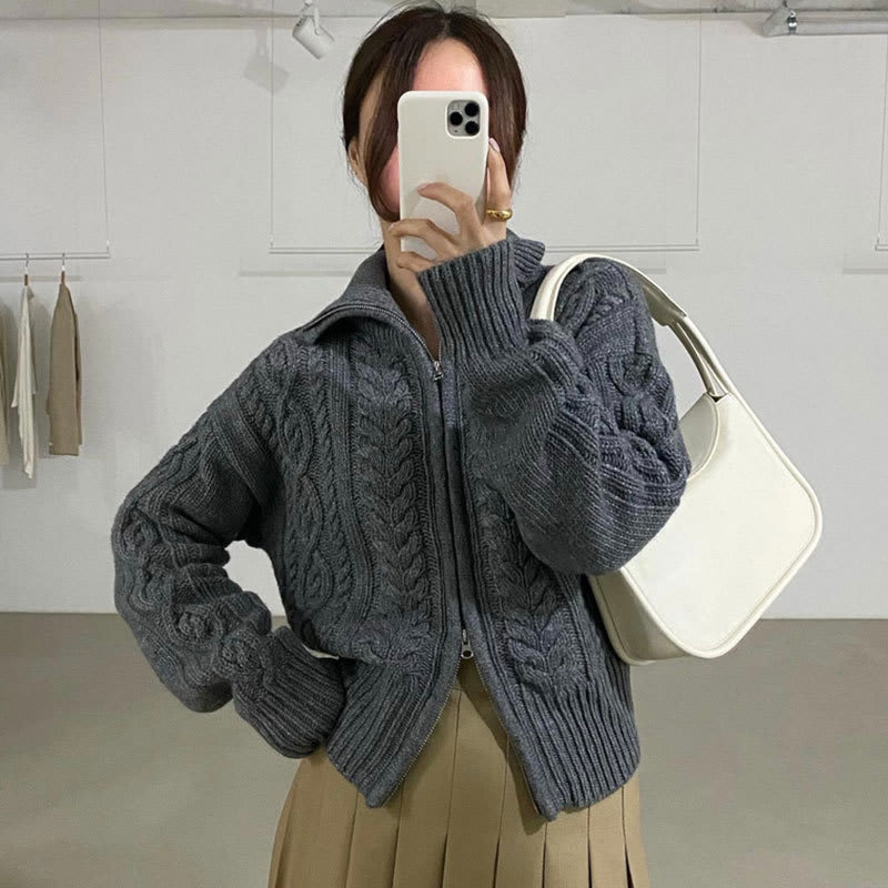 Retro Lapel Lapel Double Zipper Design Sweater view 3