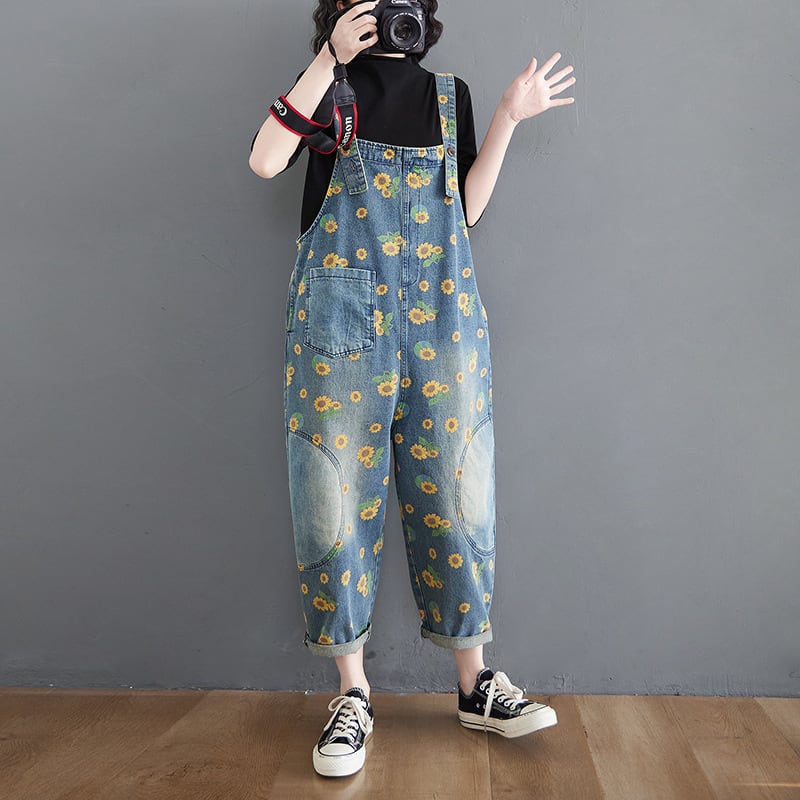Women's Summer Retro Literary Print Denim Overalls view 3
