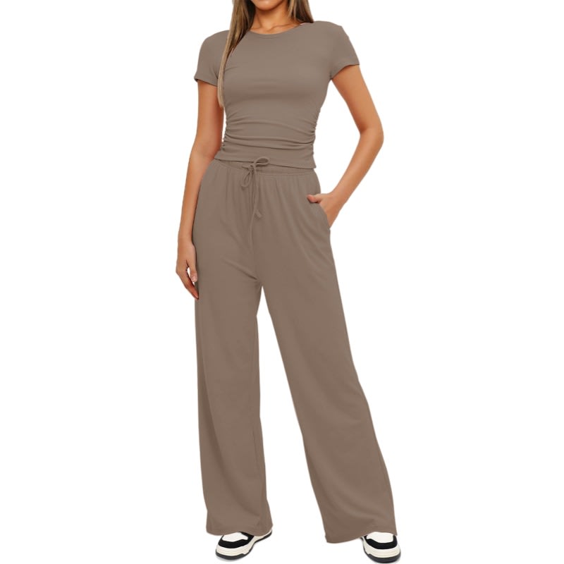 2pcs Solid Color Casual Sports Yoga Suit Short-sleeved Top And High-waisted Drawstring Wide-leg Pants Summer Fashion Set For Womens Clothing view 14