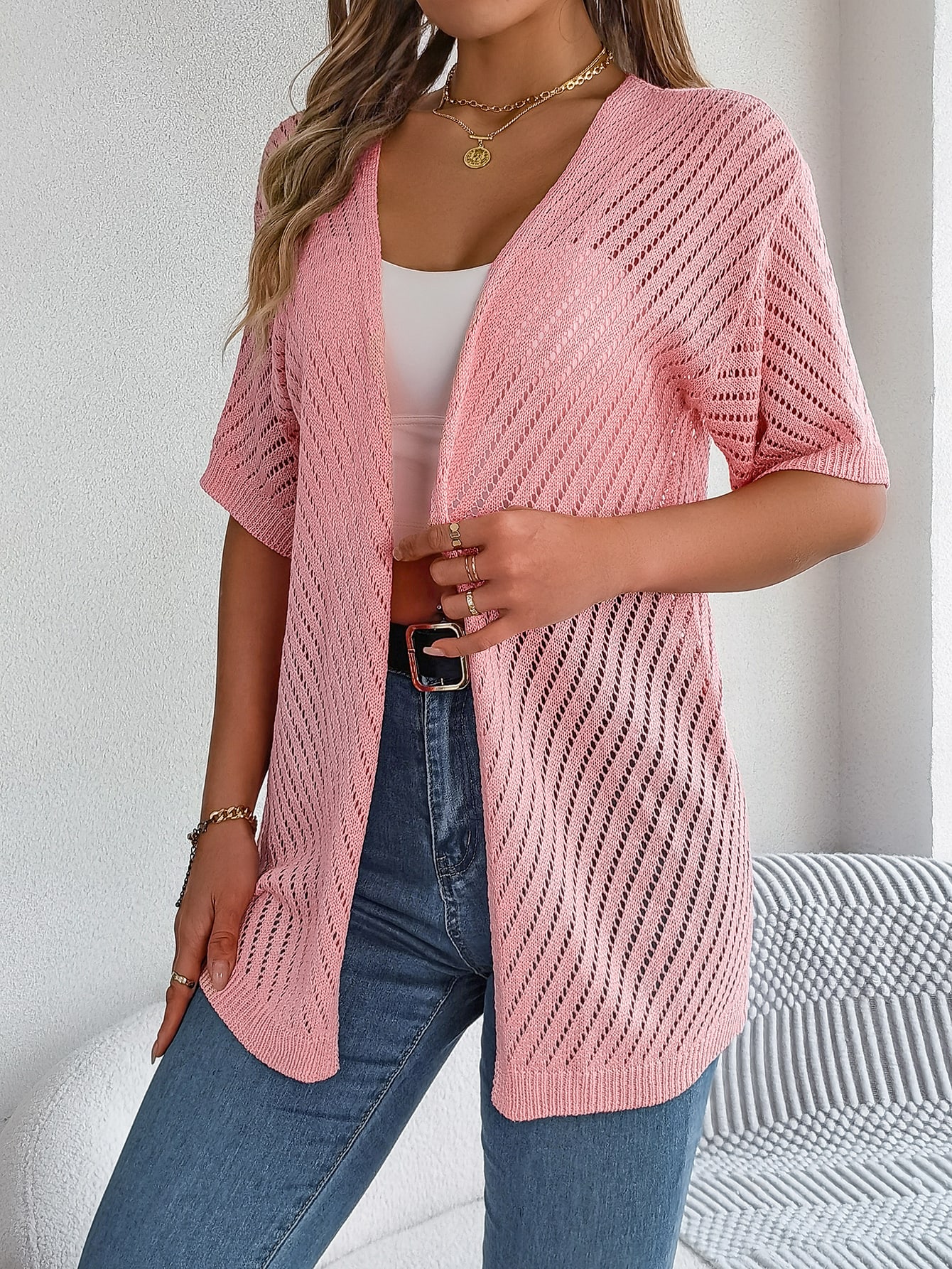 Women S Vertical Stripe Hollow Out Short Sleeve Knit Cardigan Cover-Up view 11