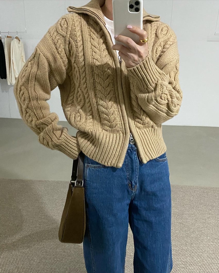 Retro Lapel Lapel Double Zipper Design Sweater view 2