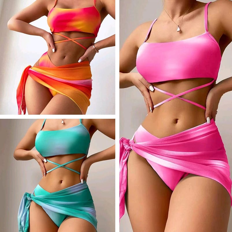 3pcs Tie Dye Print Bikini With Short Skirt Summer Beach Sexy Swimwear Womens Clothing view 2