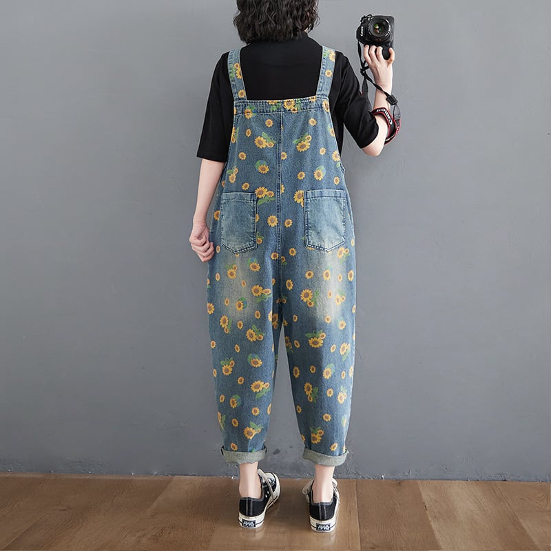 Women's Summer Retro Literary Print Denim Overalls view 5