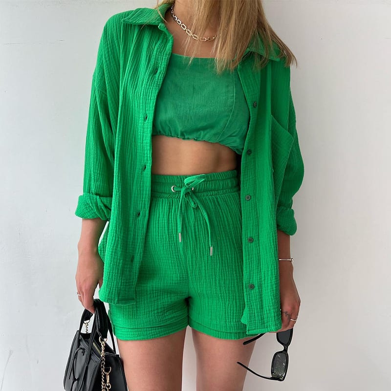 Women's Wrinkled Fabric Lapel Long Sleeved Shirt Shorts Fashion Casual Set view 4