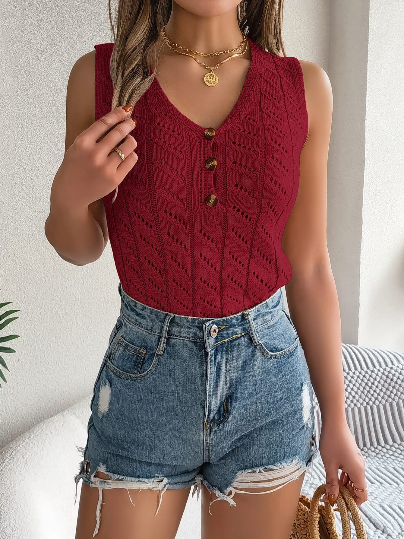 Women S Solid Color Button V-Neck Hollow Out Sleeveless Knit Vacation Top view 4