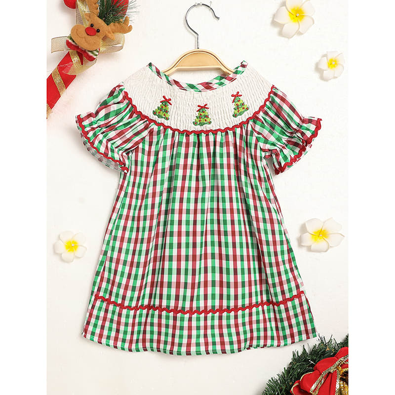 Toddler Infant Baby Girls Christmas Dress Short Sleeve Christmas Tree Embroidered Plaid Casual Party Dresses view 20