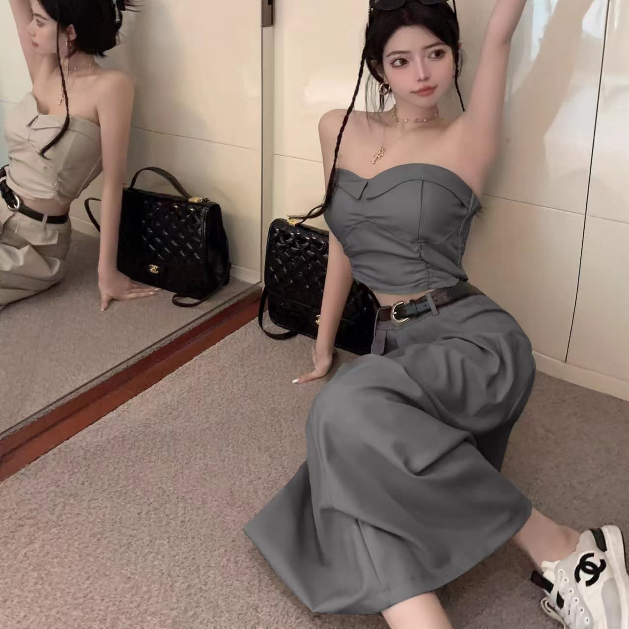 Women's Design Sense Slimming High Waist With Belt Long Skirt Tube Top Two-piece Set view 15