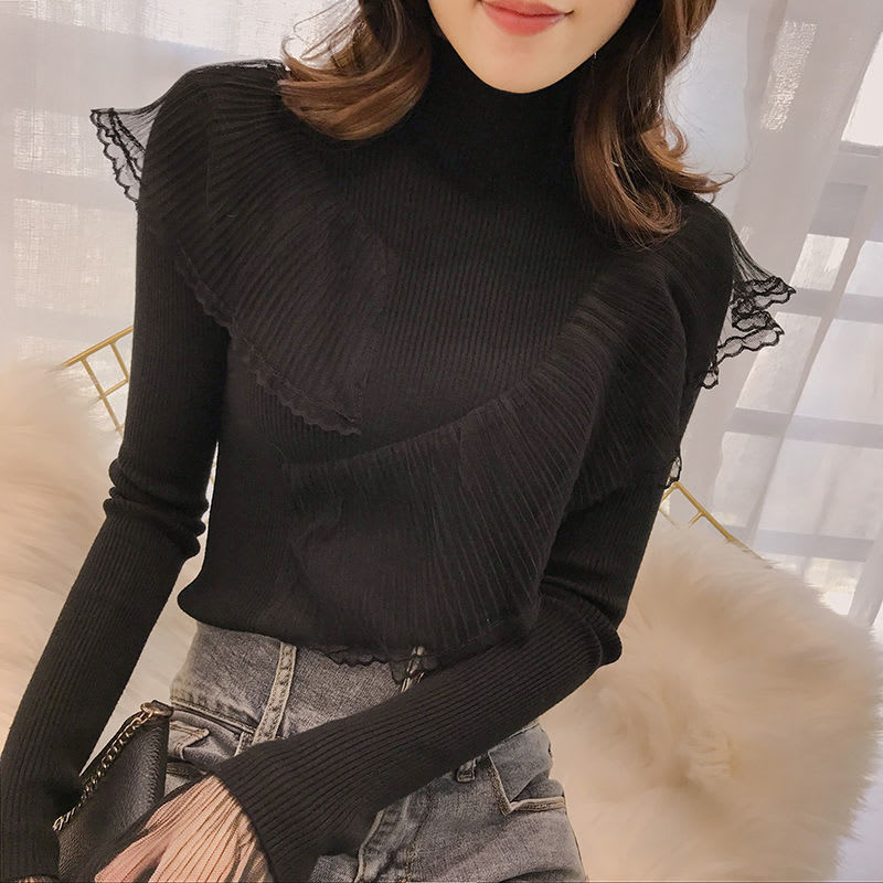 Women's Lace Patchwork Ruffled Sweater view 7