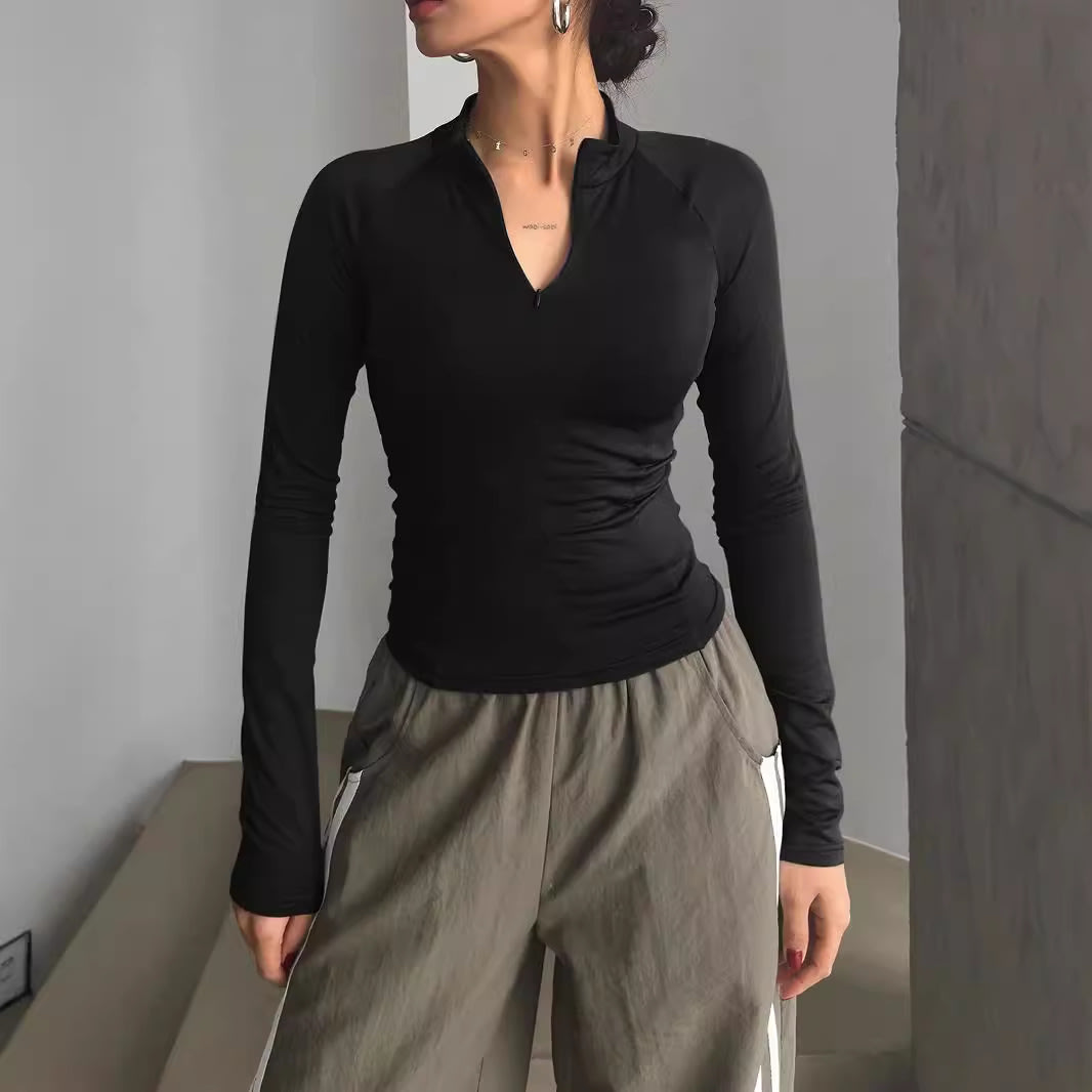 European And American Sports Style Long-sleeved T-shirt Solid Color Y2g Half-open Collar Short Top view 4