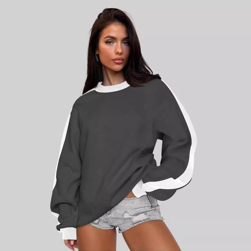 Women's Contrast Color Round Neck Loose Sweater Long-sleeved Top view 9