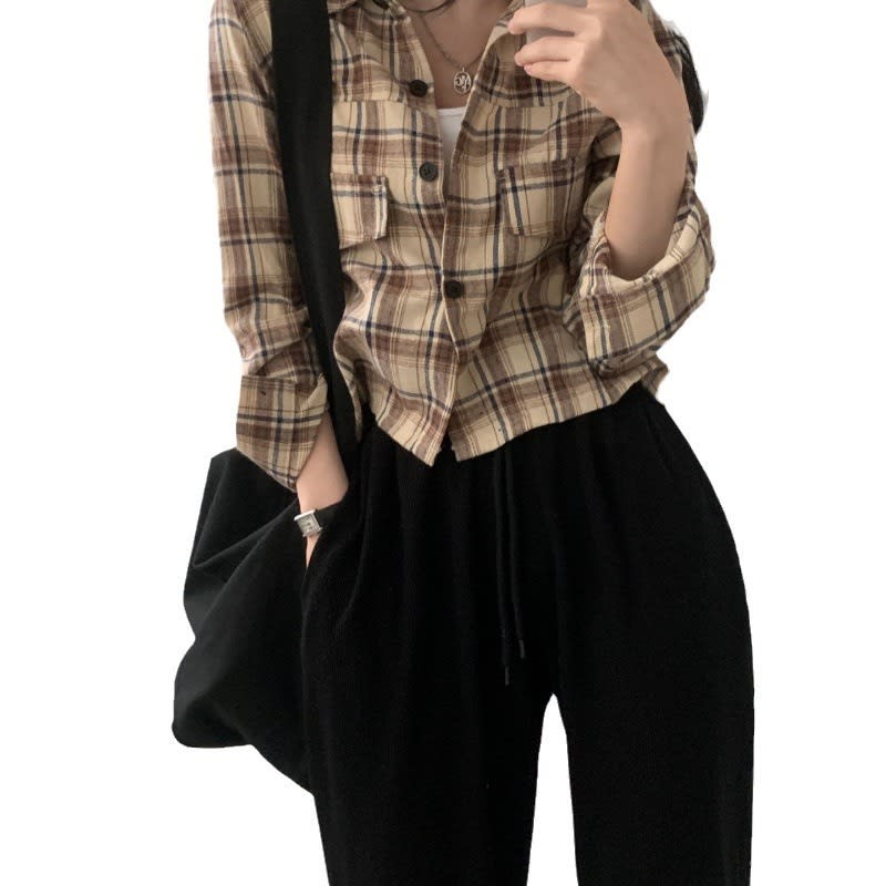 Short Long Sleeve Plaid Shirt Fashion Baggy Coat view 4