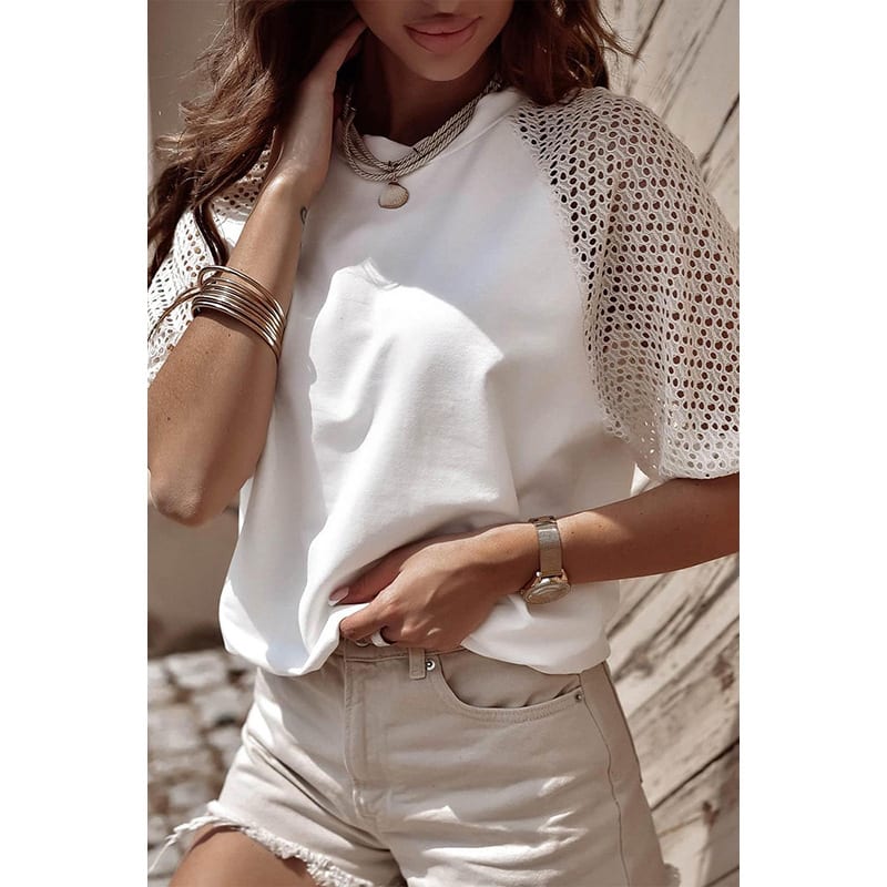 Women's Solid Color Casual Style Lace Stitching Loose Short Sleeve view 2