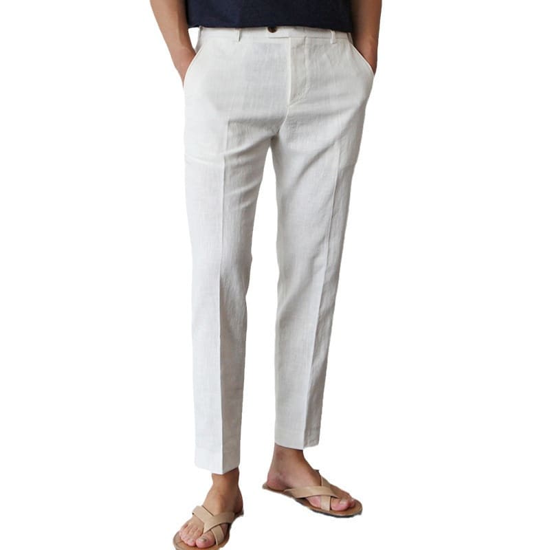 White For Men Cotton Fabric Cropped Linen Trousers view 11