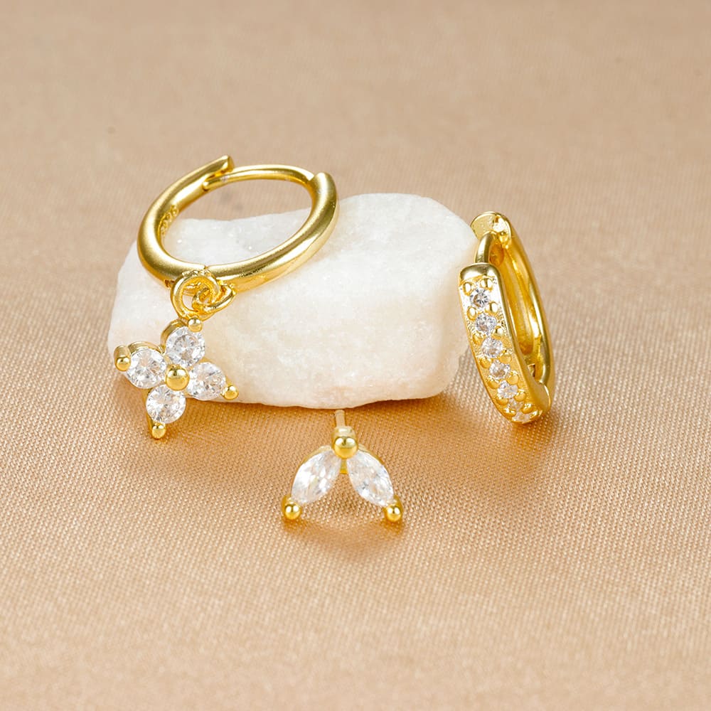 Flower Studded Diamond Stacked Earring Set view 20