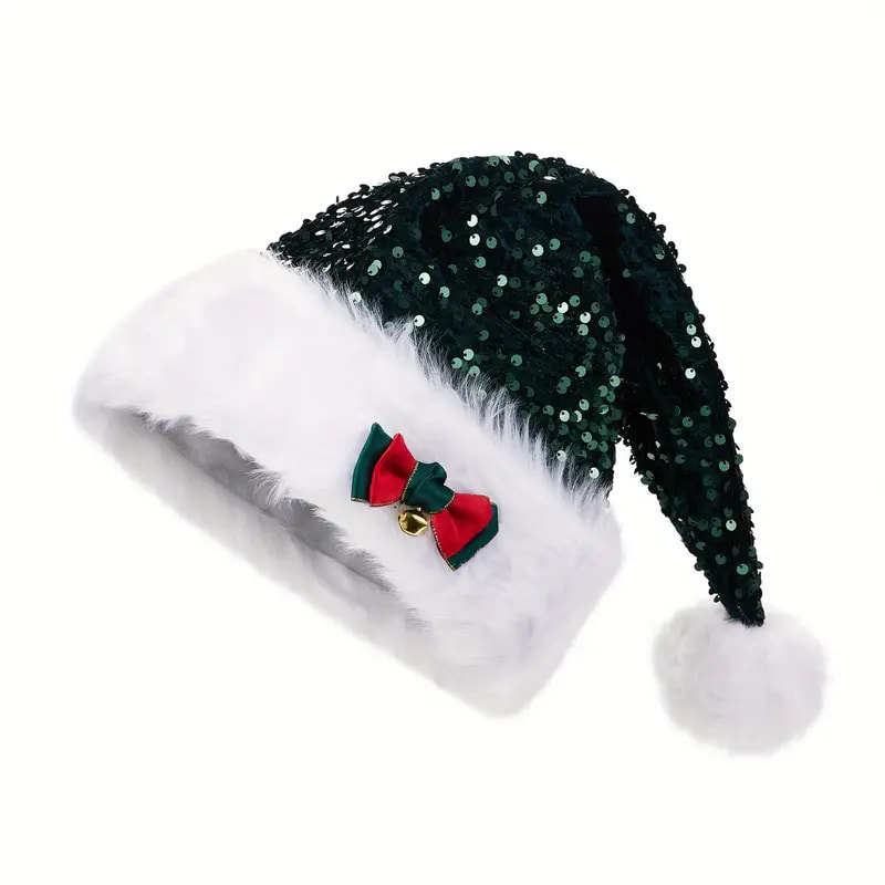 Christmas Hat With Red Sequins And Bow Design Warm Plush Decorative Hat, Christmas Enlarged And Thickened Long Haired Hat view 6
