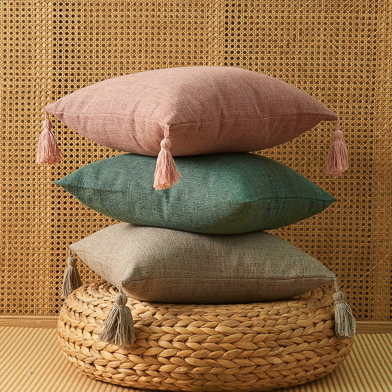 Japanese Solid Color Cotton Linen Fringe Pillow view 2
