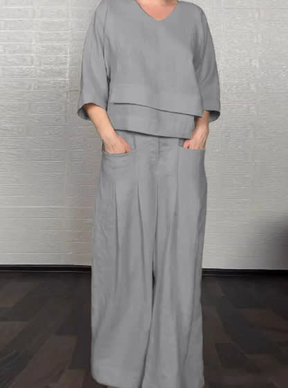 Solid Color Round Neck Long Sleeve Casual Top Straight-leg Pants Two-piece Set view 6