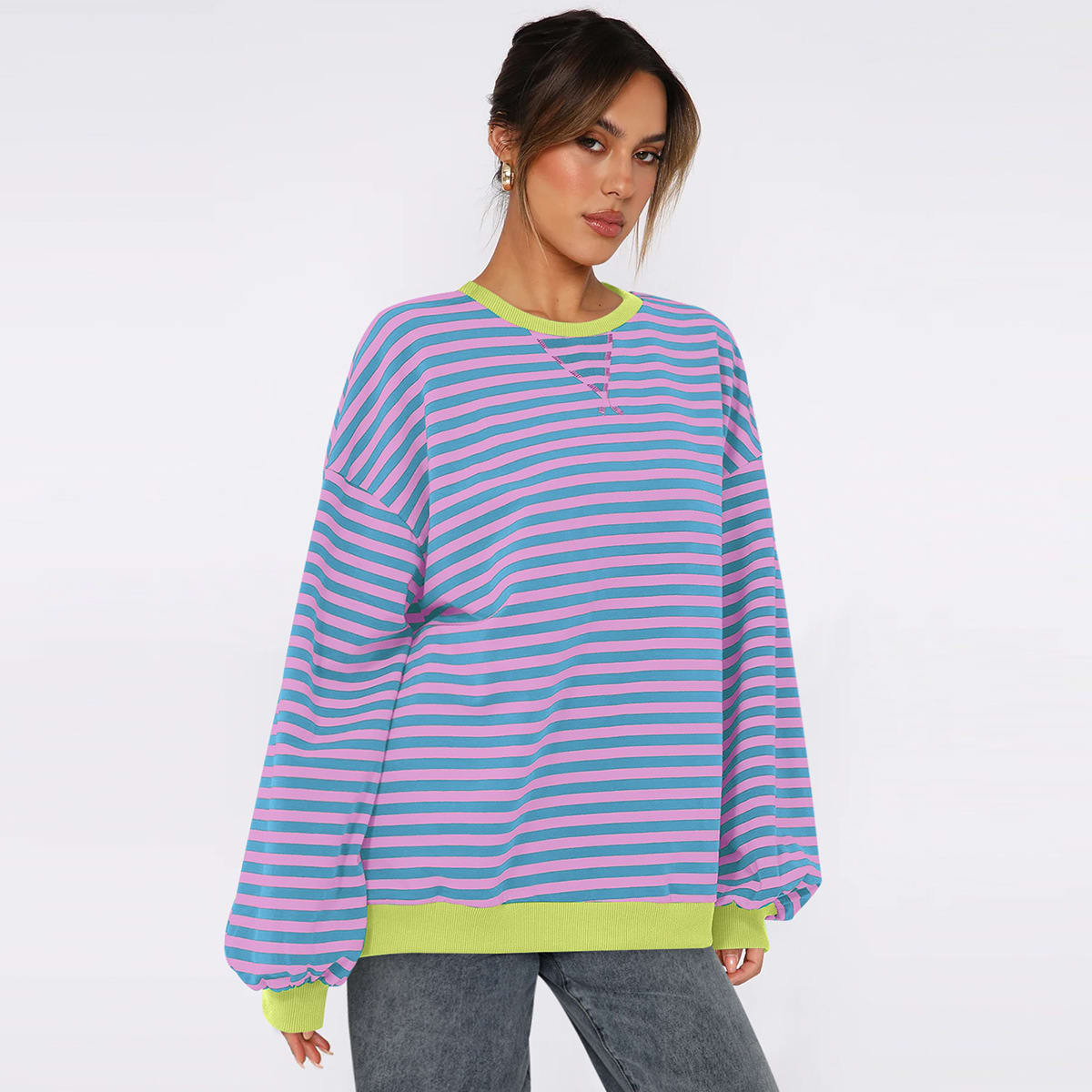 Women's Fashion Round Neck Striped Sweater Loose Bishop Sleeves Top view 4