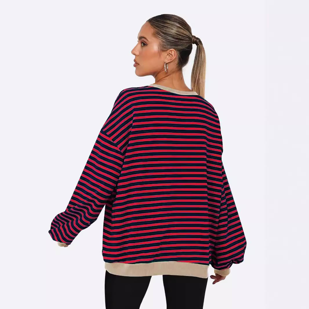 Women's Fashion Round Neck Striped Sweater Loose Bishop Sleeves Top view 7