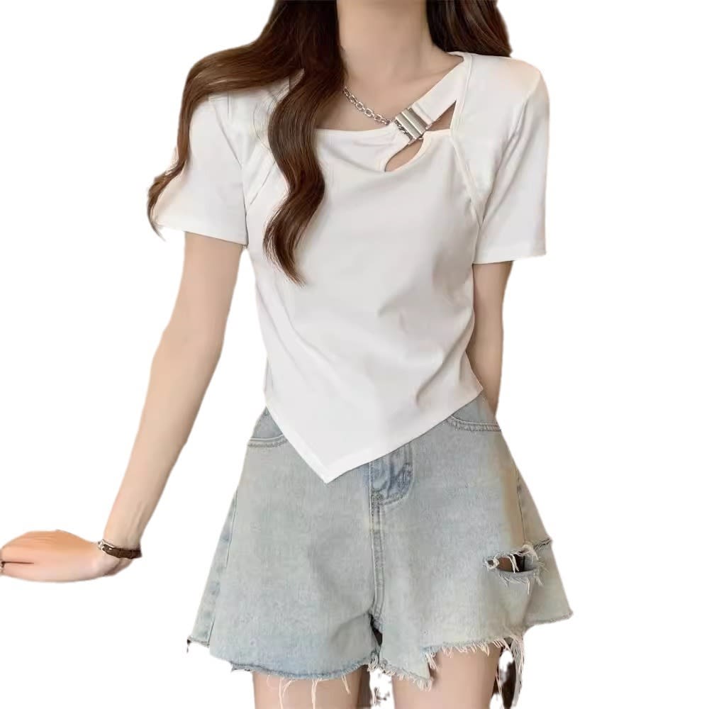 Slim Fit And Thin Cover Belly Hot Girl Irregular Short-sleeved T-shirt For Women view 5