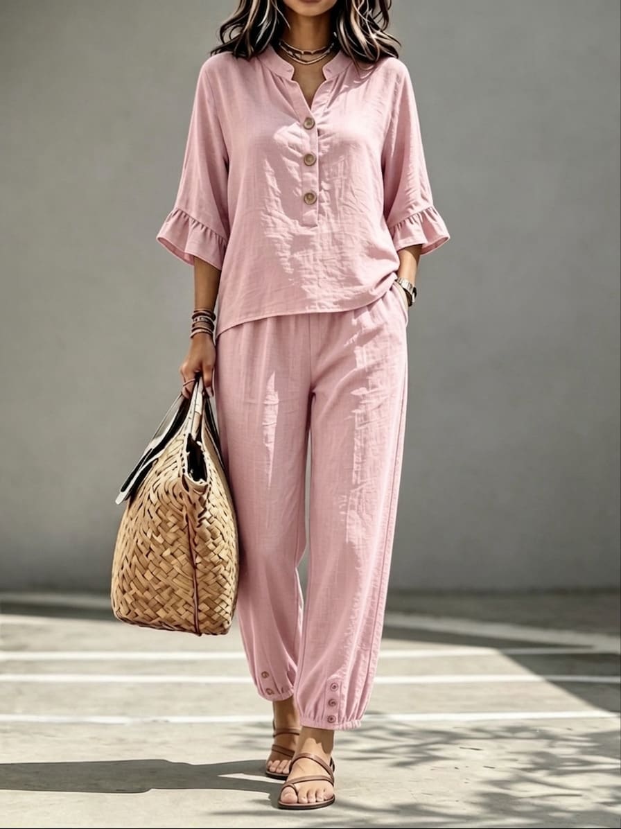 2pcs Set Women's Casual V-neck Collar Button Top Three-quarter-sleeve Top And Cropped Wide Leg Trousers Set Retro Female Office Suit view 11