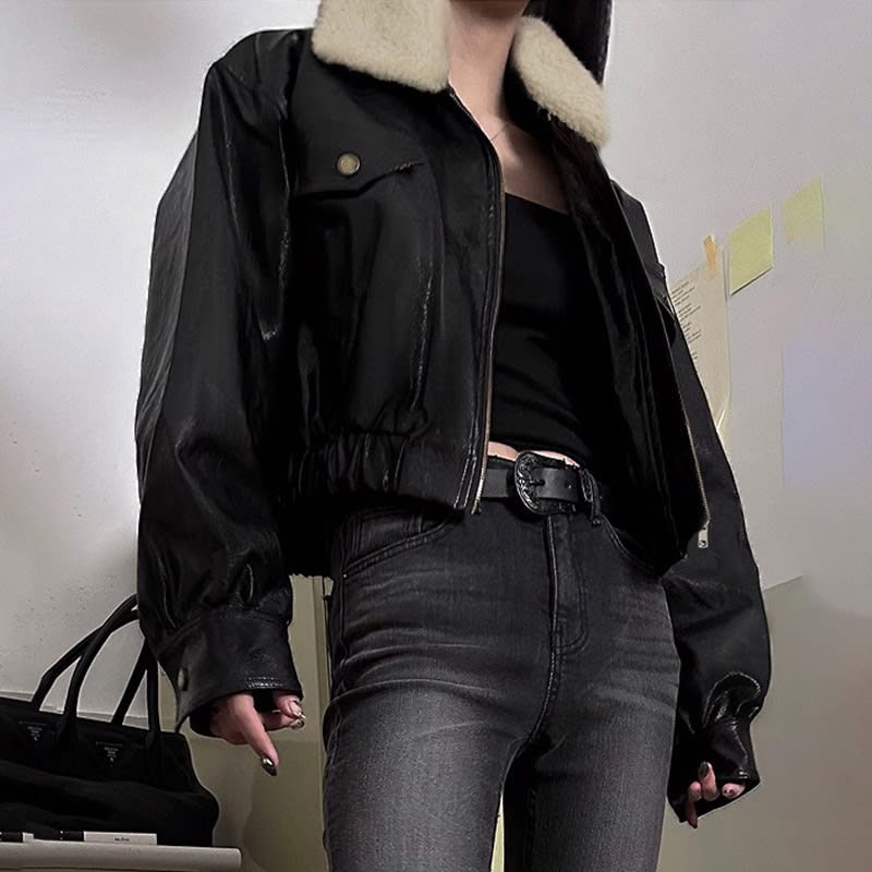 Retro Fur Collar Workwear Leather Jacket Design Sense view 5