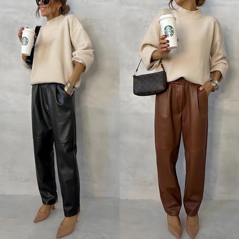 Elastic Waist With Pocket Street Leather Pants Women view 4