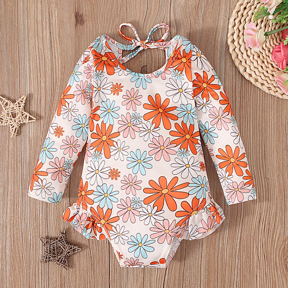 Girl's Pattern Graphic Print Crew Neck Open Back Swimsuit view 23