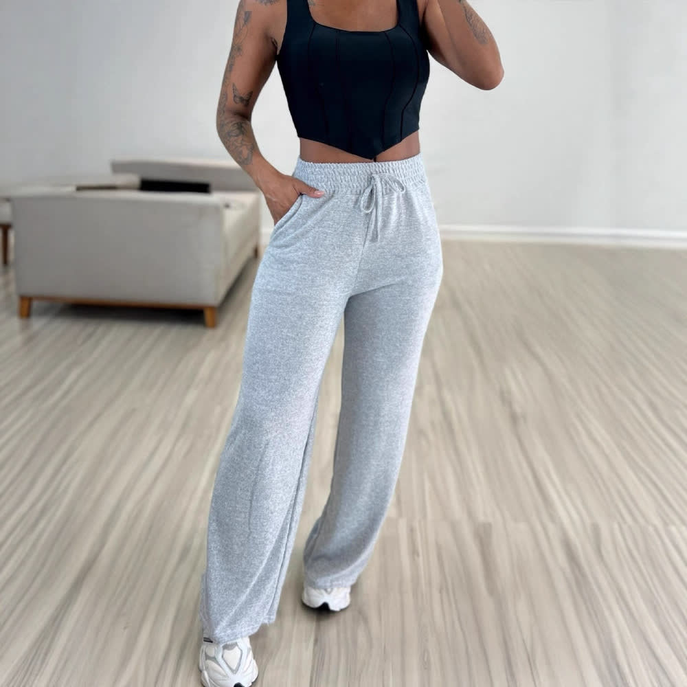 Solid Color High Waist Lace-up Elastic Waist Trimming Casual Trousers view 7