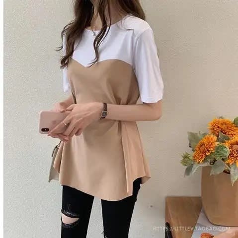 All-matching Graceful Fake Two-piece Mid-length Short-sleeved T-shirt view 7