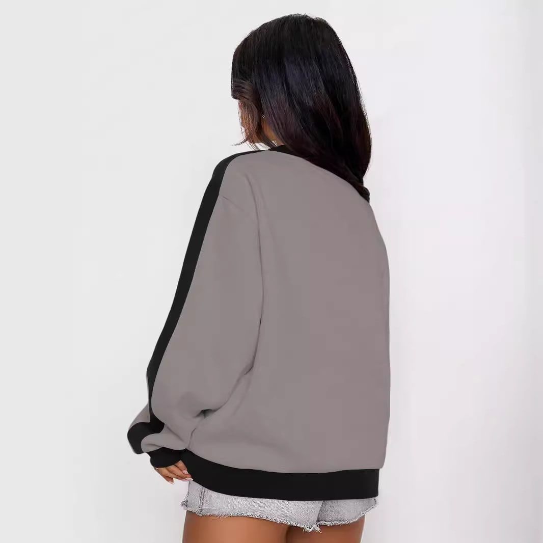Women's Contrast Color Round Neck Loose Sweater Long-sleeved Top view 2