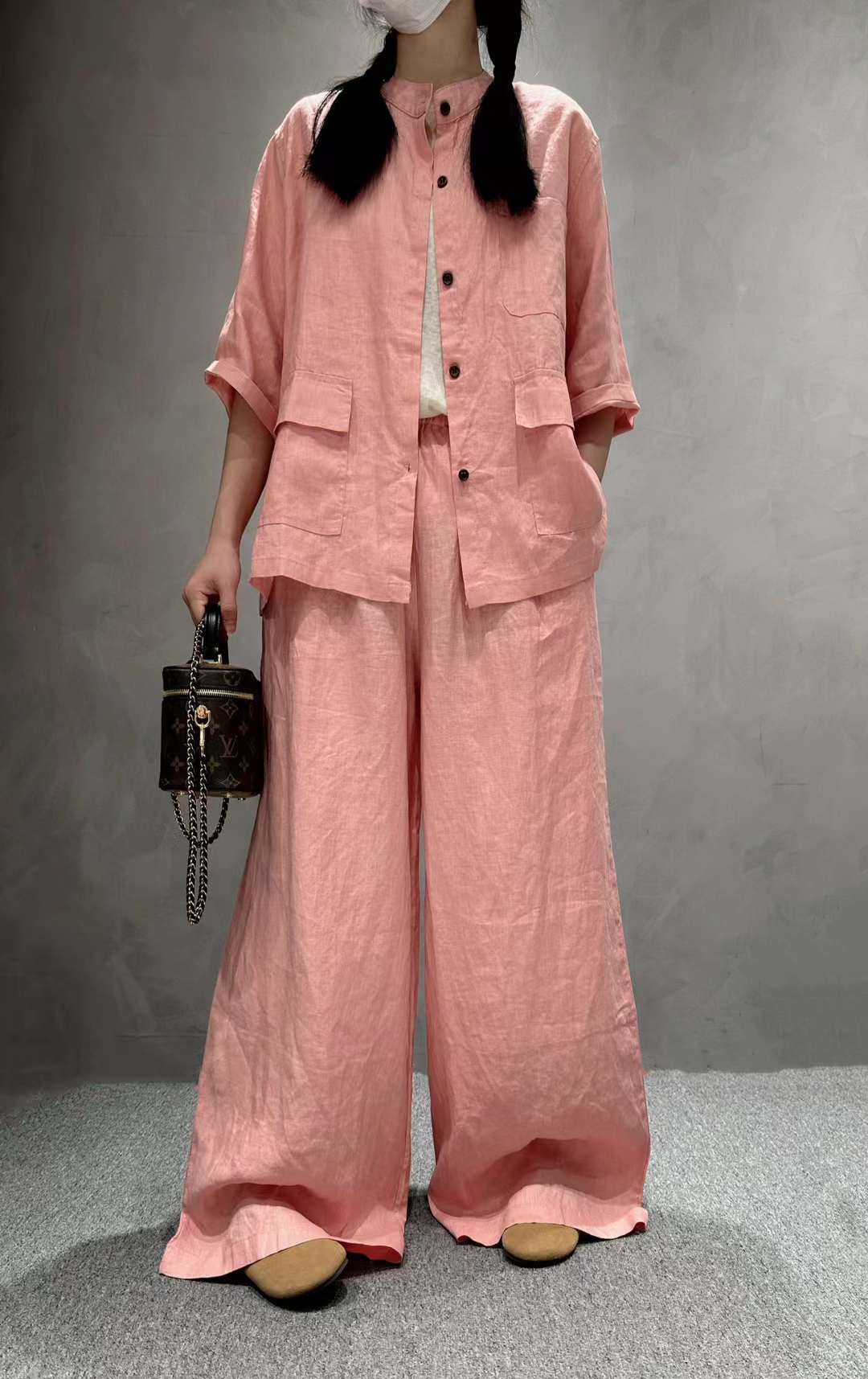 Solid Color Linen Suit Half Sleeve Shirt Casual Pants view 12