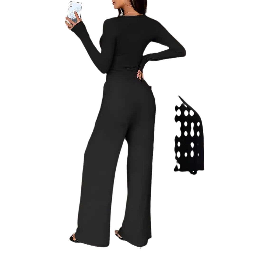 Women's Long-sleeved Button-up Solid Color Top And Trousers Two-piece Suit view 3