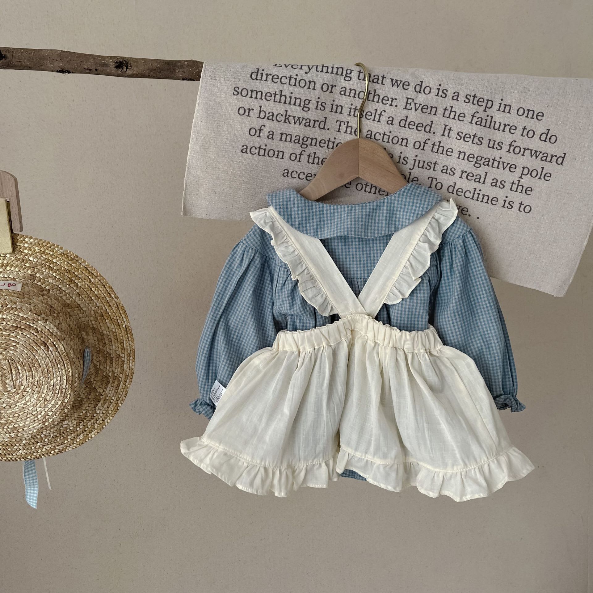 Infant Single-breasted Long Sleeve Small Plaid Romper Sling Small Overskirt view 3