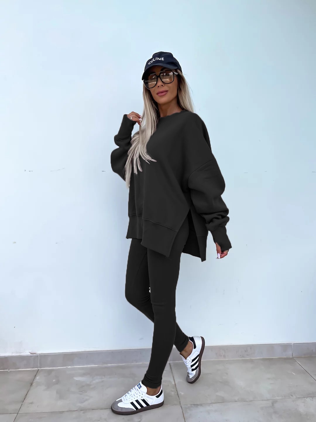 Sweater Suit Women's Casual Loose Long Sleeve Crew Neck Split Top Tight Trousers view 21