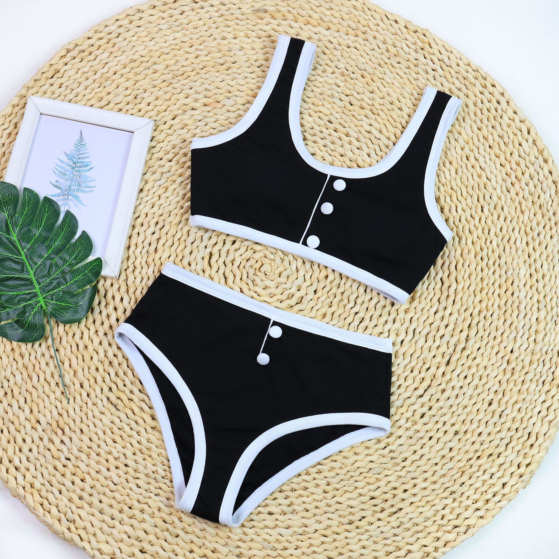 Sexy Black And White Color Matching High Waist Split Bikini Swimsuit view 12