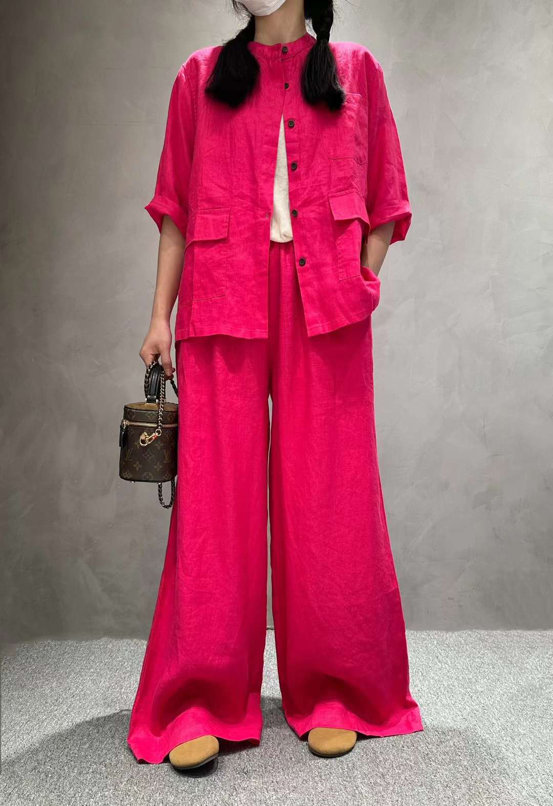 Solid Color Linen Suit Half Sleeve Shirt Casual Pants view 1