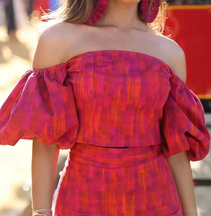 Elegant Bandeau One-shoulder Puff Sleeve Top Mid-length Dress Set Lightly Mature view 1