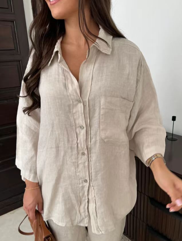 Casual Polyester Pocket Shirt Pants Suitable For Women's Wide Leg Pants, Long Sleeved Shirt Set, Women's Loose High Street Two-piece Set view 18